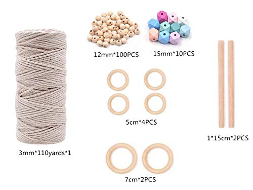 Image of 3mm 110Yards Natural Macrame Cotton Cord Thread with Wooden Beads Rings Wooden Sticks for Knitting Crafts Wall Hanging Plant Hangers Handicrafts Home Decoration Handmade DIY
