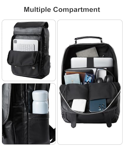 Leather Backpack fits 15.6 Inch Laptop Vintage Backpack Waterproof Flap Bookbag for Men Leather Travel Backpack for Men Casual Knapsack Black3