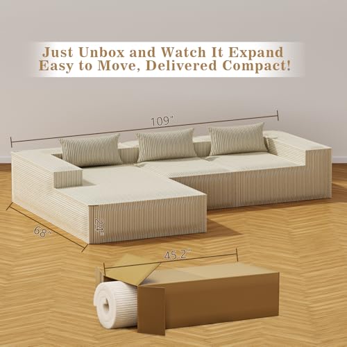 Image of 109 inch Cloud Sectional Couch with L-Shape Chaise, Modern Modular Sectional Sofa, No Assembly Required Sponge Sectional Sofa Couch for Living Room, Sofa-in-a-Box, White | Modern Modular