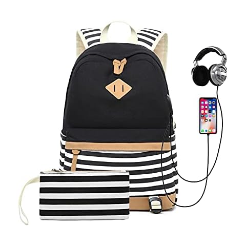 YULLING Striped Backpack College Student School Canvas Rucksack Casual Daypack Laptop USB Backpack for Men Women, with Pencil Bag Cover