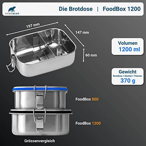 HOMEBEAR® Edelstahl Brotdose | Lunchbox 1200 ml | Set mit Box für Dips | Verschiebbare Trennwand | Auslaufsicher und Plastikfrei | Brotbox Jausenbox
