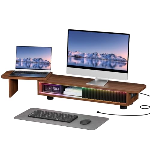 Image of Artswish Dual Monitor Stand with Power Outlet, Brown Desk Monitor Riser