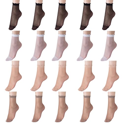 Image of 20 Pairs Women's Sheer Ruffle Socks Ankle High Nylon Cool Ultra Thin Frilly Socks See Through Silk Nude Short Lace Dress Sock for Women Clear Crew Hosiery Breathable