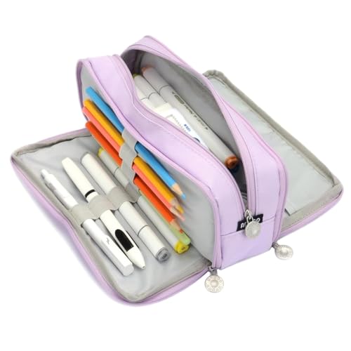 Image of Large Capacity Pencil Box for Girls & Boys, 3 Compartments Pen & Pencil Pouches, Aesthetic Stationery Pouch for School Kids College Students, Cute Stationary Gift for Children (Purple)