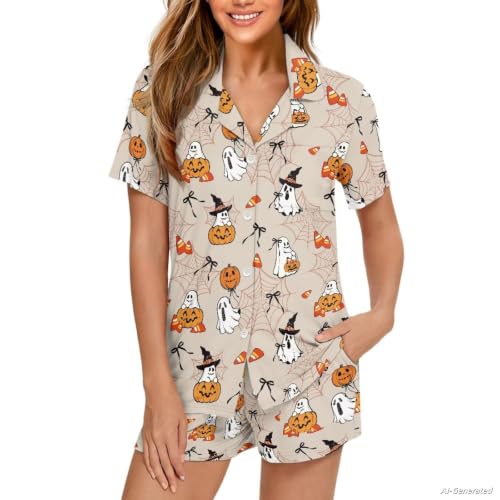 Image of Renewold Women's Short Sleeve Pajama Set Button Down Sleepwear with Notch Collar Soft Lounge Top and Shorts with Pockets