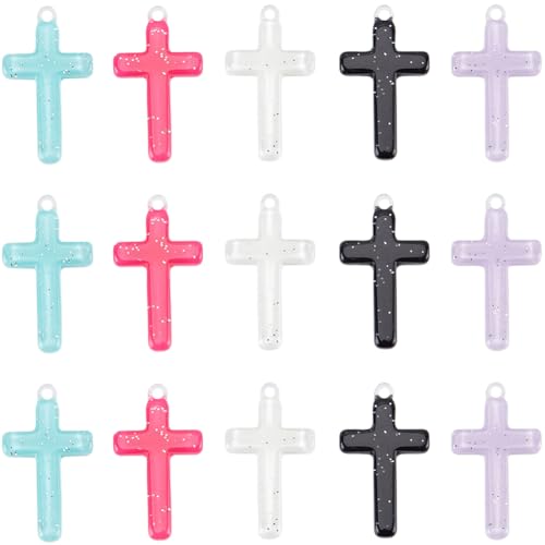 SUNNYCLUE 1 Box 30Pcs Cross Charms Bulk Acrylic Cross Charm Halloween Mixed Colors Western Crosses Rosary Cross Charms for jewellery Making Charms Supplies DIY Crafting Necklace Bracelets Beginners