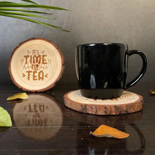 Image of Giftana Wooden Coaster Set with Engraved Quote - inchIt's Time for Tea inch Round Coasters for Home & Office, Eco-Friendly, Non-Slip Drink for Dinning Table, 4 Inches Diameter- Set of 2