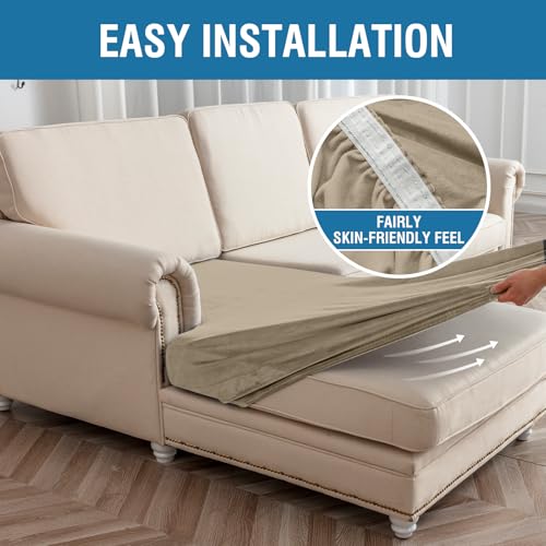 Image of Couch Cover 6-Piece Elastic Velvet Couch Cushion Covers & Chaise Slipcovers for L-Shaped Sofas - Sofa Seat Covers Washable, Soft Cover for Couches (5 Seater + Chaise, Leather Brown)