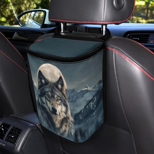 Image of Talayituse Mountain Wolf Moon Print Car Trash Can Portable Auto Garbage Bin Multifunctional Vehicle Interior Accessories with Adjustable Straps Universal Fit Truck SUV Sedan
