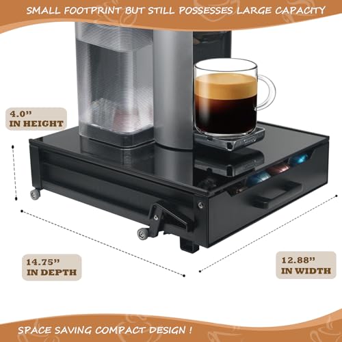 Coffee Pod Holder Rolling Drawer Organizer with Deluxe Piano Black Tempered Glass Top, Compatible for All Nespresso Vertuo Pods, Holds up to 75 Small or 50 Big Vertuo Pods