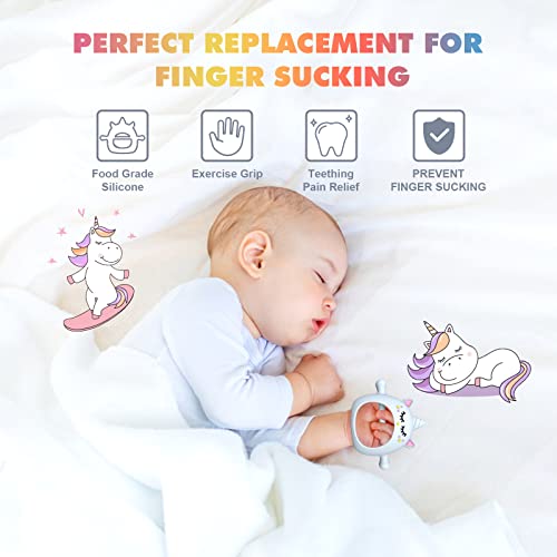 Image of Teething Toys for Babies 0-6 Months, Tinabless Unicorn Never Drop Silicone Teether for Babies 6-12 Months, Hand Pacifier for Breast Feeding Baby, Baby Chew Toys Freezer Safe for Newborn, Blue