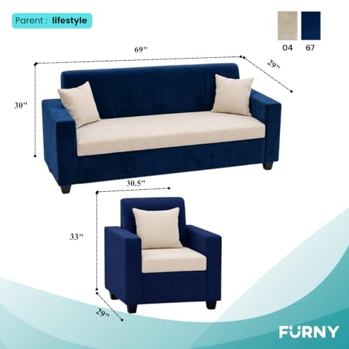 Image of FURNY QualityWood 3 Seater + 1 Seater + 1 Seater Fabric Sofa Set (Cream-Dark Blue) with Velvet Finish | Durable Comfort | Ideal for Living Room