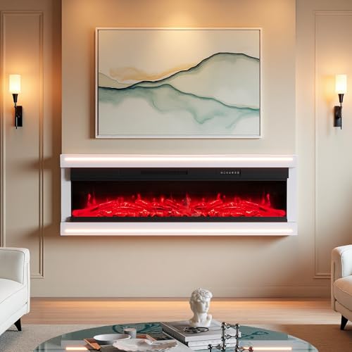 50 pollici Camino Elettrico, Caminetto elettrico da parete lucido, Libera installazione caminetti elettrici decorativi da Terra con Timer a Striscia Luminosa a LED Telecomando (50inch Bianco)