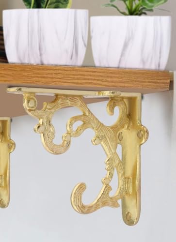 Image of Metal Handcrafted Shelf Bracket for Floating Shelves L Angle Decorative L Shaped Corner Brace Joint Heavy Duty Wall Mounted Shelf Supporter Corner Brace Holder (Gold, Pack of 2)