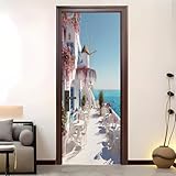 Pegatinas Decorativas de Puerta Paisaje RomáNtico MediterráNeo Autoadhesivo 3D Vinilo para Puertas/Mural PVC Pegatinas de Pared Belleza Natural Foto Poster Puerta Interior / 77x200 cm