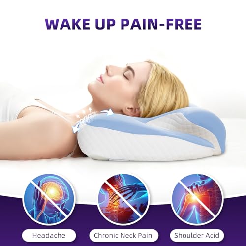 Image of Ergo Cervical Pillow for Neck and Shoulder Pain Relief,Cooling Orthopedic Contour Memory Foam Pillows,Side Sleeper Pillows for Neck Support,King Size Bed Pillows for Back Stomach Sleepers(Baby Blue)