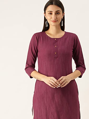 Image of Saanjh Women's Fit Straight Cotton Blend Long Kurta, 3 /4 Sleeve, Knee Length Kurtis, Casual and Office Wear