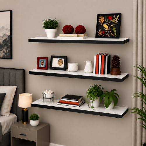 Image of TAKME Premium 3 Tier Floating Wall Shelves with Warm LED Lights, Modern Wall Mounted Display & Storage Rack, Engineered Wood /MDF Decorative Shelving Unit for Living Room, Bedroom, Office & Home Decor