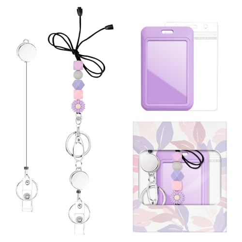 Image of Colorful ID Badge Holder with Silicone Beads Lanyard Set,Cute Teacher Breakaway Lanyard for Keys & Keychain with Cute Retractable Badge Reel Holder,Gift for Women,Nurse, Teacher. (Purple Daisy 1)
