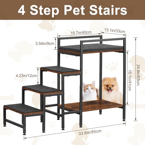 CADUKE Hundetreppe für Bett, robuste Katzentreppe aus Metall und Holz, 4 Stufen Haustiertreppe für alte Katzen, kleine Hunde, Braun und Schwarz, 33 x 85 x 63cm