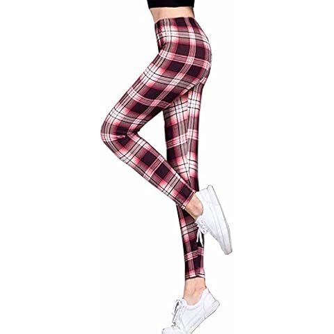 Tamskyt Women's Plus Red Tartan Check All Over Print Elacticated Full Length Long Stretchy Legging, Rose Tartan, One Size Cover