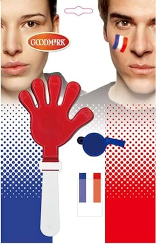 GOX Kit de Supporter Français 3 pièces, Sifflet, Clap Main et Stick de Maquillage Visage Tricolore France Bleu Blanc Rouge