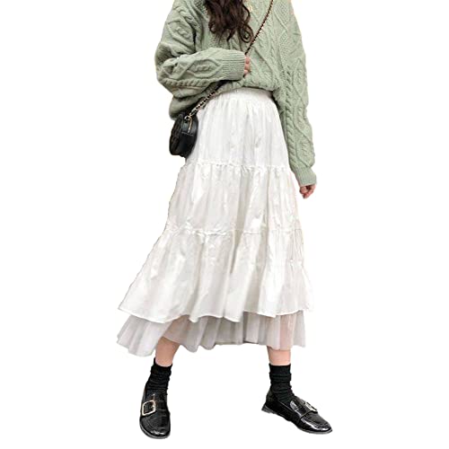 Rock Lang Damen Sommer Elastische Taille Blume Plisseerock Goth Röcke Mode Y2K Geteilter Midi Rock (Weiß mit Tüllsaum, Einheitsgröße) Cover
