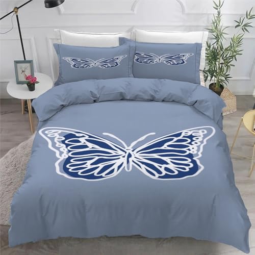 Housse de couette 220x240 bleu papillon avec 2 taies d'oreiller Kg863