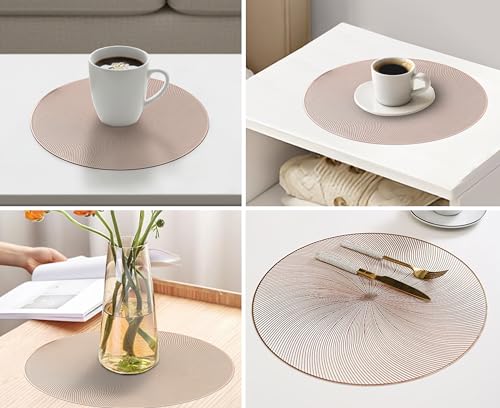 Image of Yellow Weaves 6 Pcs PVC Round Table Placemats, Dining Table Mat, Stain Resistant, Anti-Skid, Waterproof, Washable, Dining, Kitchen, Restaurant Table Set Easy to Clean, Durable (Spiral Rose Gold)