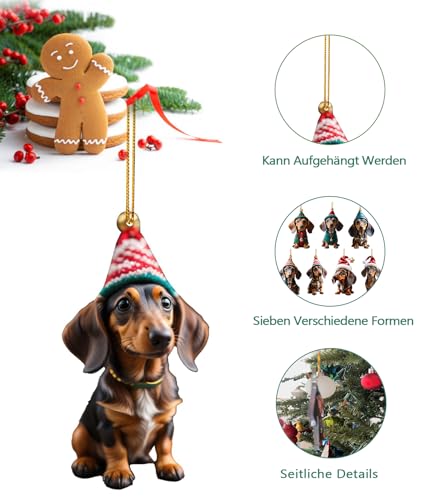 T TAKONE 14 Stück Dackel Dekoration, 2D Acryl Flachdackel Anhänger, perfekt als Christbaumschmuck und Weihnachtsdekoration für das Auto