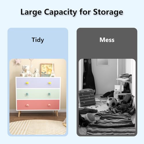 Image of 3-Drawer Chest of Drawers with Colorful Cartoon Handles, Anti-Dumping White Dresser with Solid Wood Legs,Storage Cabinet for Living Room, Closet, Apartment