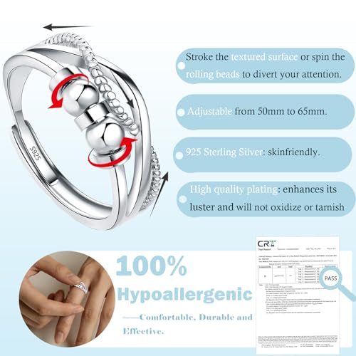 Silver Anxiety Ring, 925 Sterling Silver Fidget Rings for Anxiety Women, Stress Spinner Rings with Beads, Zirconia Thumb Ring for Anxiety Relieving, Adjustable Stressring with Jewellery Box - Image 4