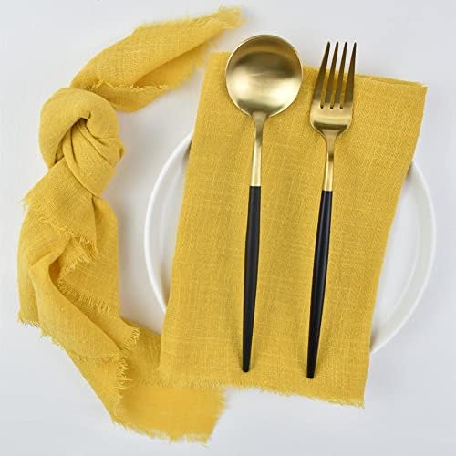 Joanlody Handmade Gauze Napkins 16.5x16.5 Inches Cotton Cloth Napkins with Fringe Rustic Dinner Napkins for Wedding Party Baby Shower Set of 6 Mustard Yellow