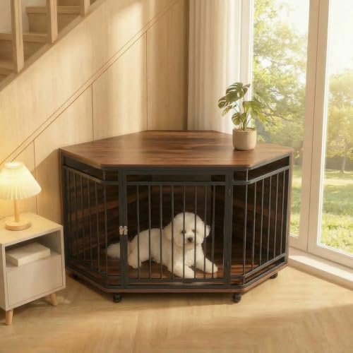 VOWNER Ecke Hundekäfig, Holz Hundebox mit abschließbarer Tür, Möbelstil Haustierbox für Zuhause, Leicht zu reinigen und platzsparende für kleine/mittlere Hunde, 110 X 66 X 60 cm, Dunkles Walnussholz