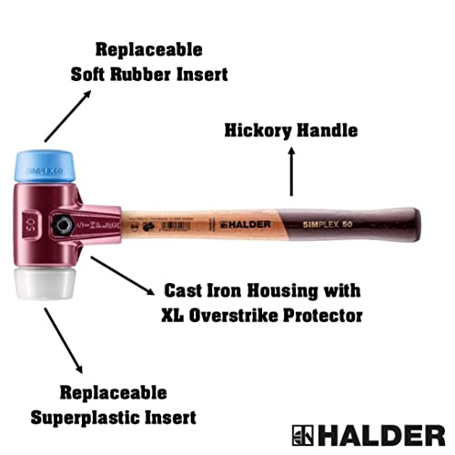 Image of Halder Simplex Mallet 50mm - Dual Faces, TPE-Soft & Superplastic Inserts, Cast Iron Housing with Protection Sleeve, Hickory Handle, Tiling, Stone & Construction - 3017.050