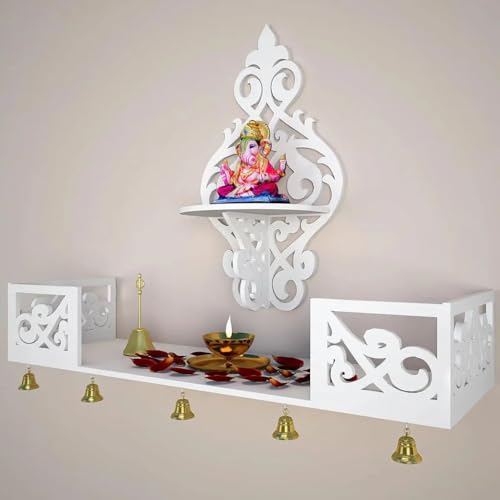 Image of Beautiful Wall Hanging Wooden Temple /Pooja Mandir Design with Shelf, White Color Design - 15