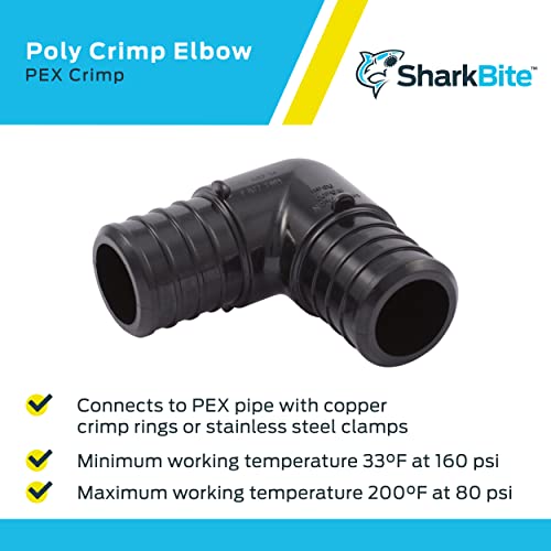Image of SharkBite 1 Inch Poly Crimp 90 Degree Elbow, Pack of 5, PEX Pipe, PE-RT, UP260A5