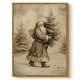 WHASAYART Vintage Santa Claus Carrying Christmas Tree Wall Art, Retro 12x16 Framed Canvas Print, Rustic Sepia Tone Santa with Pine Tree Artwork, Classic Winter Holiday Entryway Bedroom Home Décor