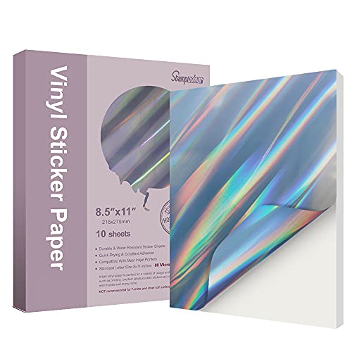 Printable Vinyl Sticker Paper 10 Sheets Holographic Waterproof Decal Paper,Self-Adhesive Labels Crafts,Dries Quickly Tear Resistant-for Any Epson HP Canon Sawgrass Inkjet Printer Beam