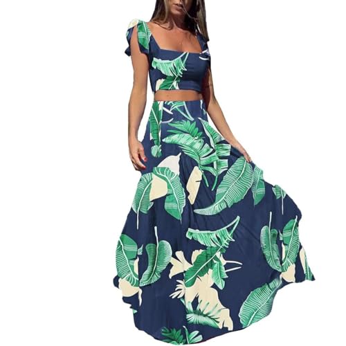 CQWL 2 Piece Outfits for Women Sexy Skirt Set Ruffle Printed Crop Top and Boho Tropical Maxi Dress Sets Dark Blue