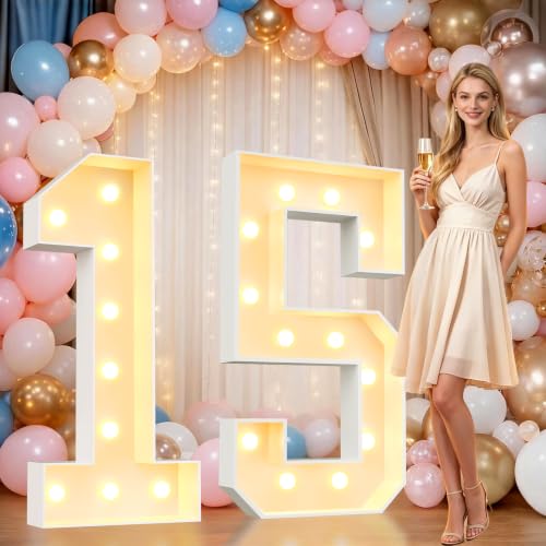 Image of Pooqla 4FT Marquee Numbers, Large Light Up Number 15th Birthday Party Decor | Warm White LED Marquee Light Up Numbers 4 Feet Tall, Party Decorations for 15th 51st Birthday Anniversary Photo Backdrop