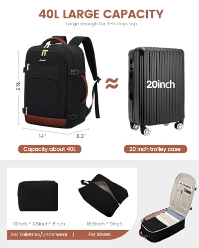 Image of LOVEVOOK Carry On Travel Backpack For Women Men Flight Approved, 40L Personal Item Backpack for Airplanes, Business Weekender Overnight Daypack Fits 17 Inch Laptop, With 2 Packing Cubes, Black-Brown