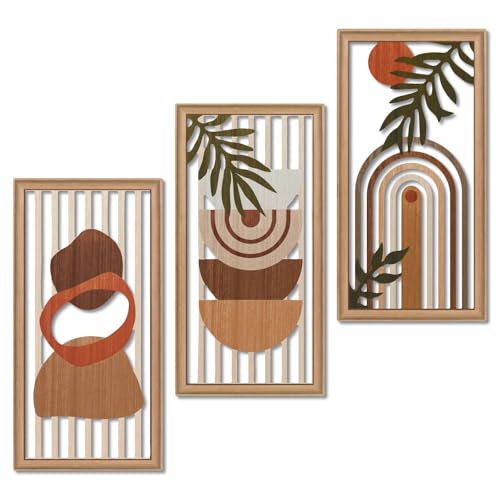 Putuo Decor Boho Wall Art Set of 3, Modern Minimalist Wooden Wall Decor, Abstract Aesthetic Room Decorations, Mid-Century Modern Artwork for Living Room, Bedroom, Office Orange 16.5 x 8.6 inch