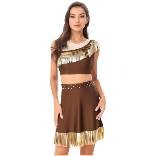 renvena Disfraz de mujer india nativa americana, disfraz de Halloween, fiesta temática, cosplay, borlas, camiseta sin mangas, con minifalda para carnaval, Halloween, Umber 3XL