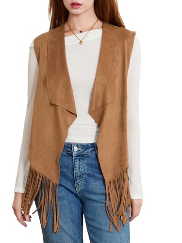 Women Cowgirl Tassel Waistcoat Suede Rivets Sleeveless Fringed Jacket 70s Western Hippie Country Vest Outerwear