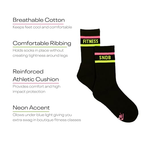 Image of Black Womens Neon Striped Crew Socks, Athletic Gym & Running Crew Socks for Women
