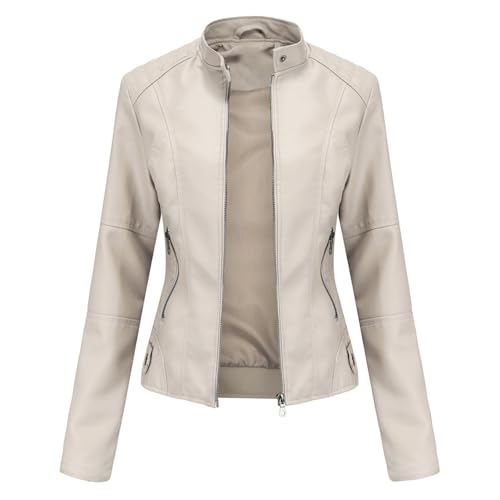 DEAR MODEL Faux Leather Jacket Women Bomber Jacket Women's Belted Motorcycle Jacket,Cream,M