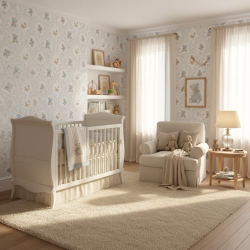 Image of Teddy Kids & Circle Textured Kids Room Wallpaper | Peel & Stick Self Adhesive | Waterproof Removable PVC Vinyl | Baby Boy Room Decoration 2 x 6 Feet