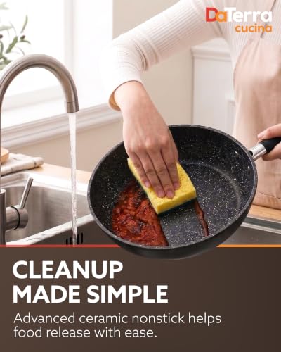 Image of DaTerra Cucina 11 inch Nonstick Ceramic Frying Pan with Lid - Oven & Induction Safe, High Heat Resistant Nonstick Cookware, Dishwasher Safe, Durable & Stylish - Volcanic Black Speckled - Made in Italy