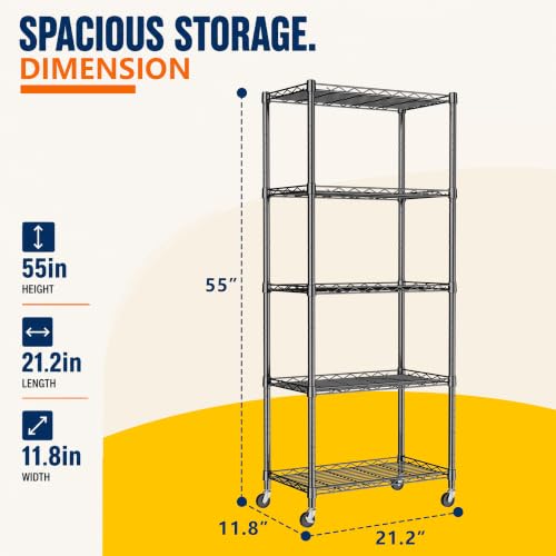 Image of REGILLER 5-Wire Shelving Metal Storage Rack Adjustable Shelves,Standing Storage Shelf Units for Laundry Bathroom Kitchen Pantry Closet(Black,11.8 inch D x 21.2 inch W x 55 inch H,With Wheels)